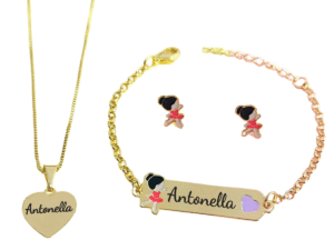kit Infantil Colar coração pulseira brinco de Pino