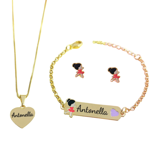 kit Infantil Colar coração pulseira brinco de Pino